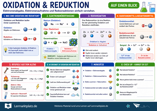 Oxidation & Reduktion verstehen – Redoxreaktionen einfach erklärt – Lernposter / Lernplakat als PDF