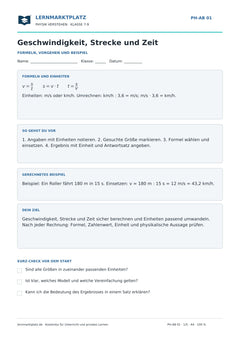 Geschwindigkeit, Strecke und Zeit intensiv üben - kostenloses Arbeitsblatt mit Lösungen als PDF