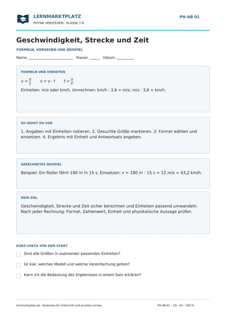 Geschwindigkeit, Strecke und Zeit intensiv üben - kostenloses Arbeitsblatt mit Lösungen als PDF