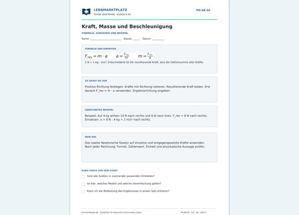 Kraft, Masse und Beschleunigung berechnen - kostenloses Arbeitsblatt mit Lösungen als PDF
