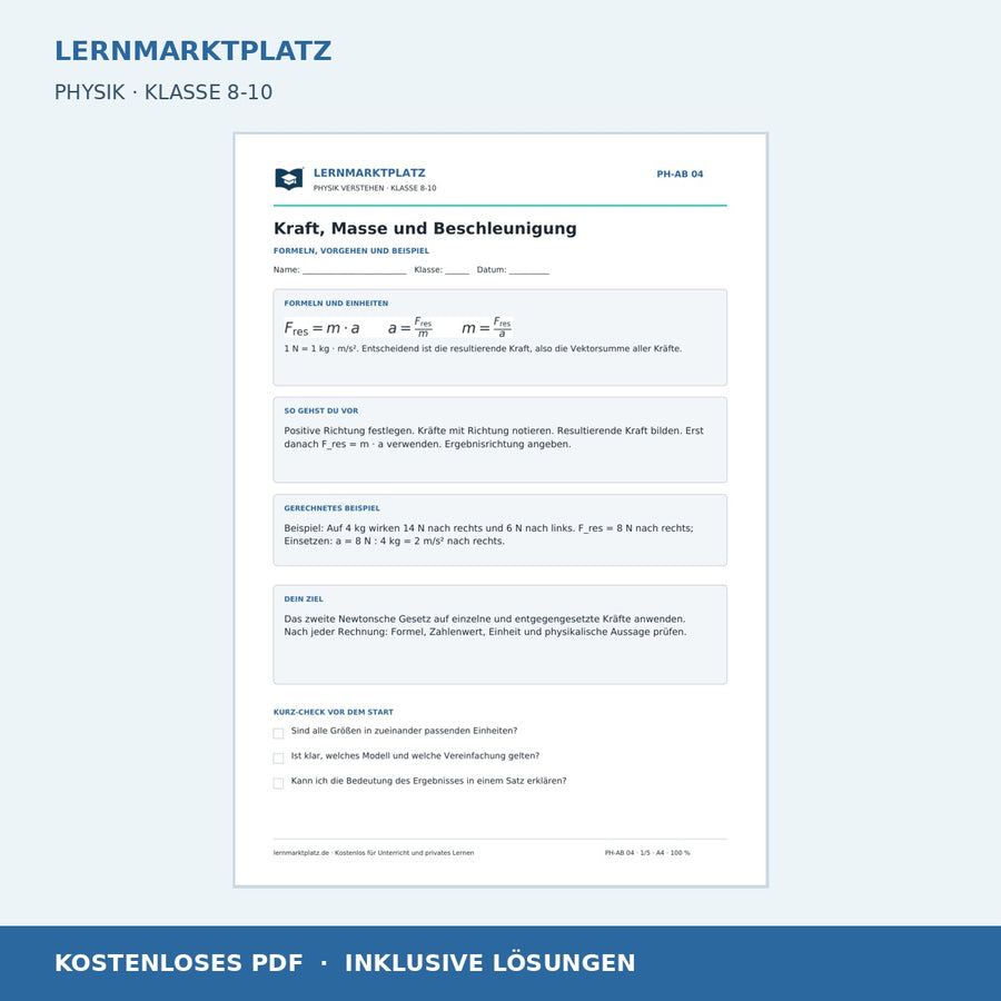 Kraft, Masse und Beschleunigung berechnen - kostenloses Arbeitsblatt mit Lösungen als PDF