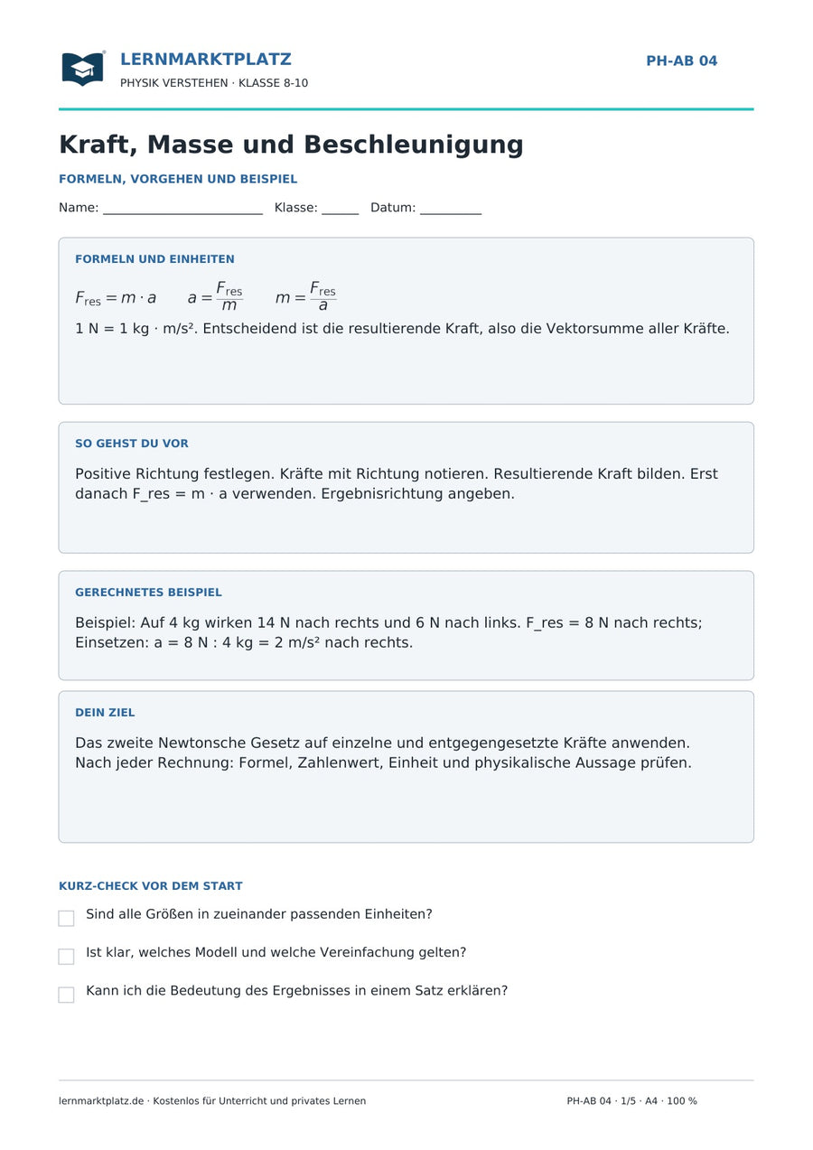 Kraft, Masse und Beschleunigung berechnen - kostenloses Arbeitsblatt mit Lösungen als PDF