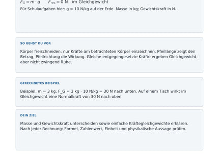 Gewichtskraft und Kräftegleichgewicht verstehen - kostenloses Arbeitsblatt mit Lösungen als PDF