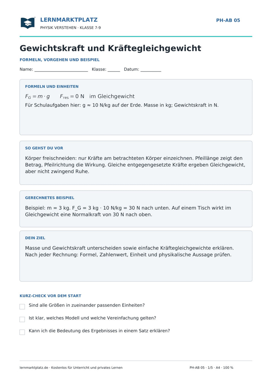 Gewichtskraft und Kräftegleichgewicht verstehen - kostenloses Arbeitsblatt mit Lösungen als PDF