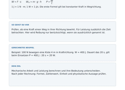 Mechanische Arbeit und Leistung berechnen - kostenloses Arbeitsblatt mit Lösungen als PDF