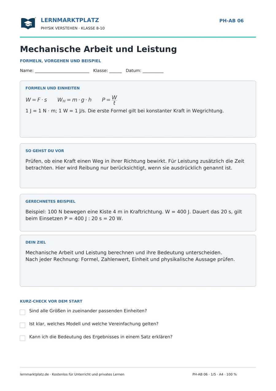 Mechanische Arbeit und Leistung berechnen - kostenloses Arbeitsblatt mit Lösungen als PDF
