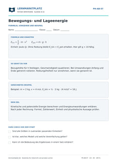 Bewegungsenergie und Lageenergie berechnen - kostenloses Arbeitsblatt mit Lösungen als PDF