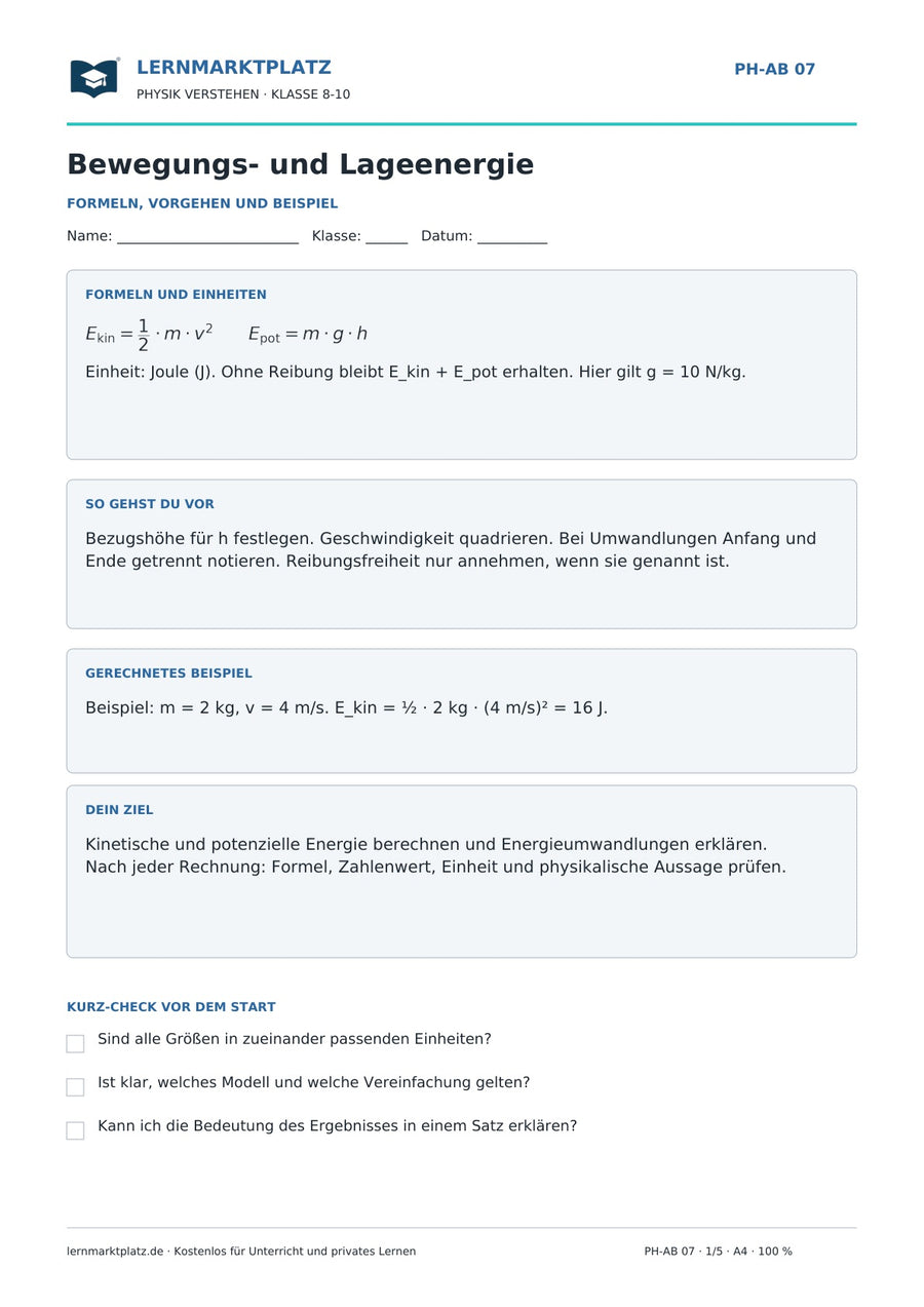 Bewegungsenergie und Lageenergie berechnen - kostenloses Arbeitsblatt mit Lösungen als PDF