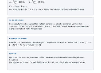 Wirkungsgrad und Energieumwandlung berechnen - kostenloses Arbeitsblatt mit Lösungen als PDF