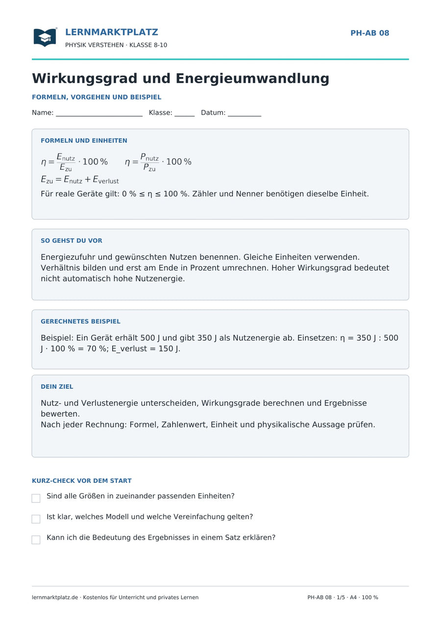 Wirkungsgrad und Energieumwandlung berechnen - kostenloses Arbeitsblatt mit Lösungen als PDF