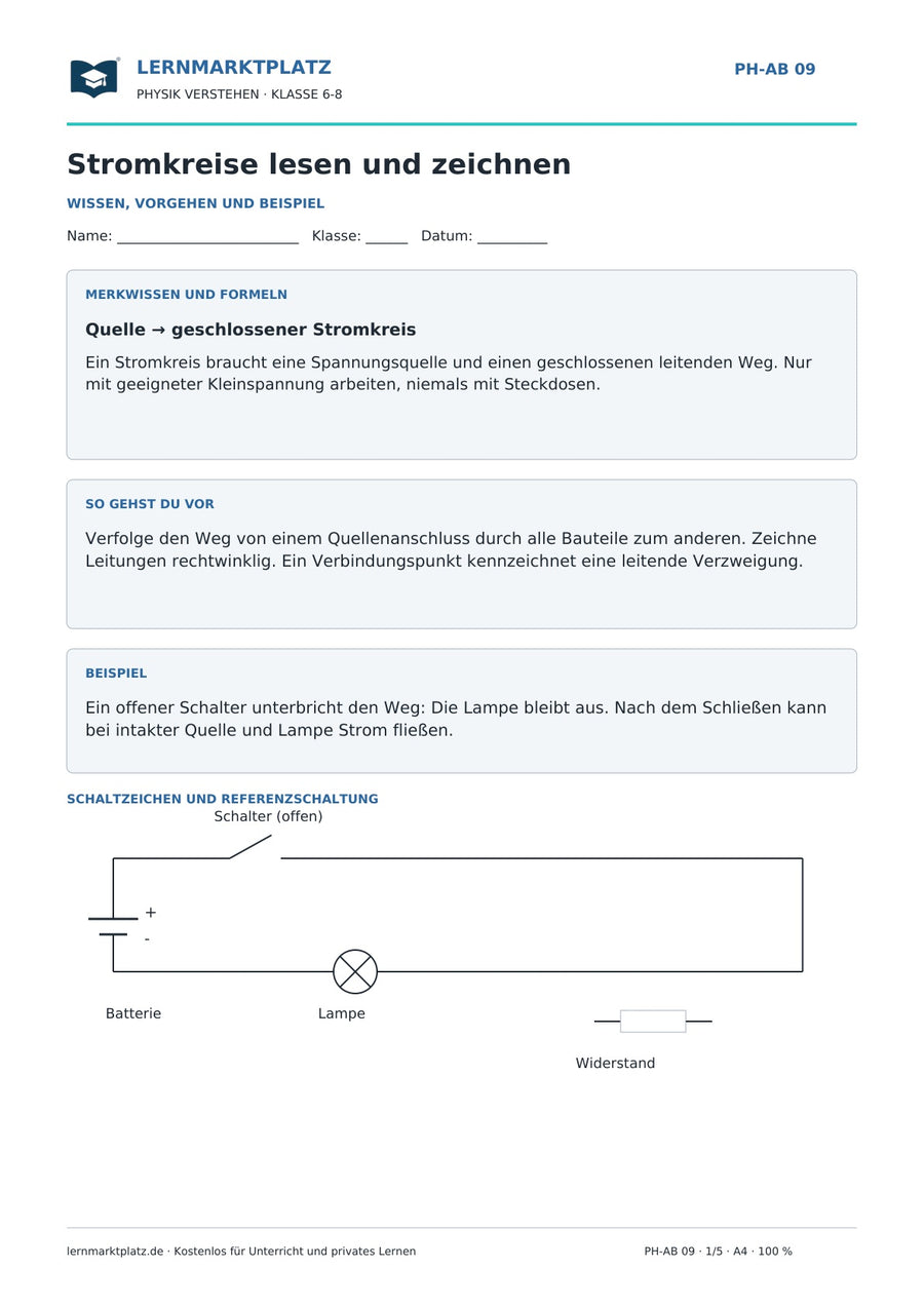 Stromkreise lesen und zeichnen - kostenloses Arbeitsblatt mit Lösungen als PDF