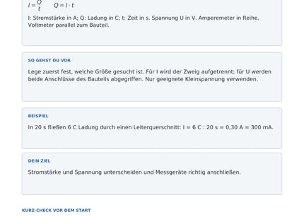 Stromstärke und Spannung messen - kostenloses Arbeitsblatt mit Lösungen als PDF