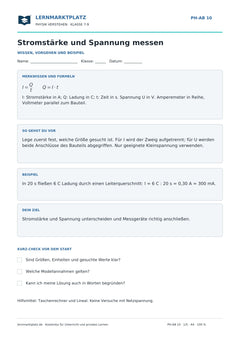 Stromstärke und Spannung messen - kostenloses Physik-Arbeitsblatt mit Lösungen (PDF)