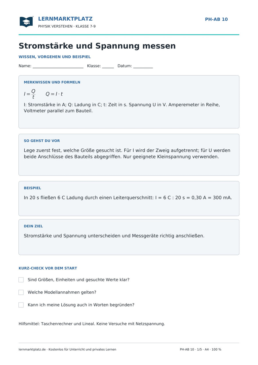 Stromstärke und Spannung messen - kostenloses Arbeitsblatt mit Lösungen als PDF