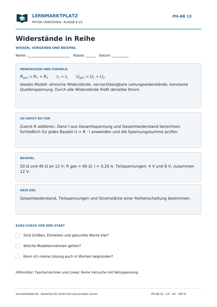 Widerstände in Reihe - kostenloses Arbeitsblatt mit Lösungen als PDF