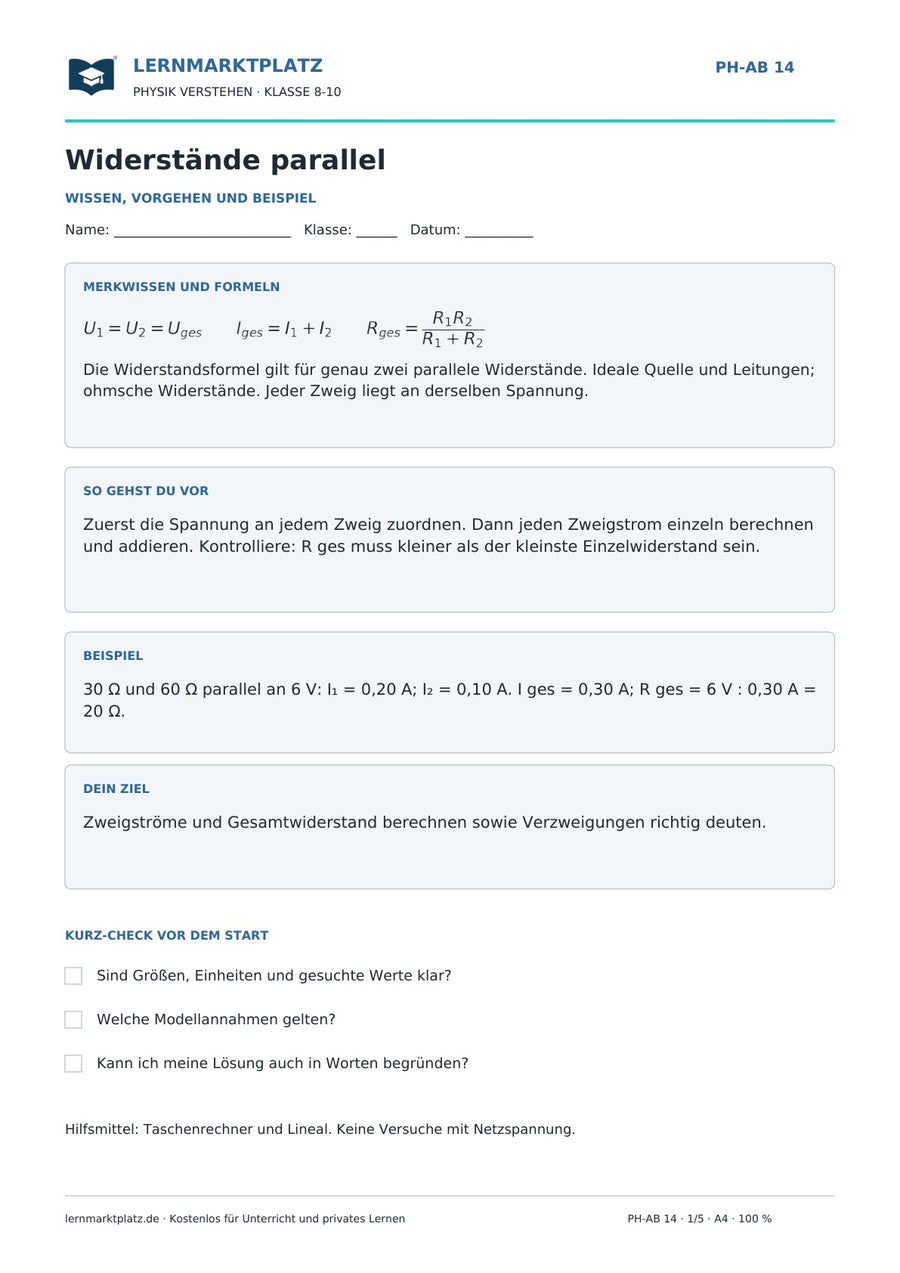 Widerstände parallel - kostenloses Arbeitsblatt mit Lösungen als PDF