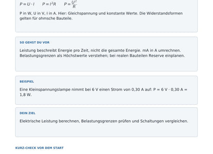 Elektrische Leistung verstehen - kostenloses Arbeitsblatt mit Lösungen als PDF