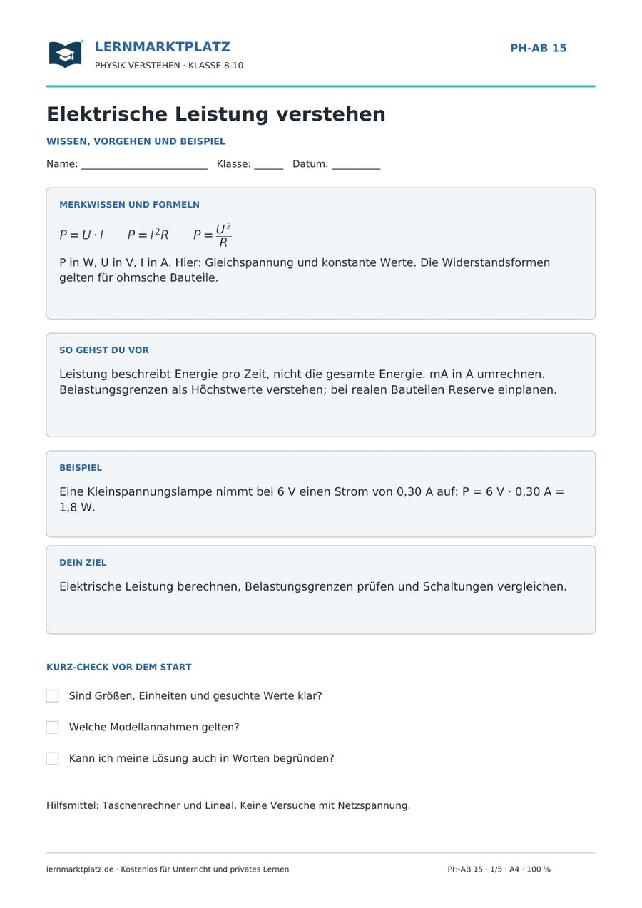 Elektrische Leistung verstehen - kostenloses Arbeitsblatt mit Lösungen als PDF