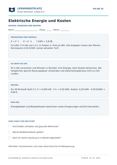 Elektrische Energie und Kosten - kostenloses Arbeitsblatt mit Lösungen als PDF