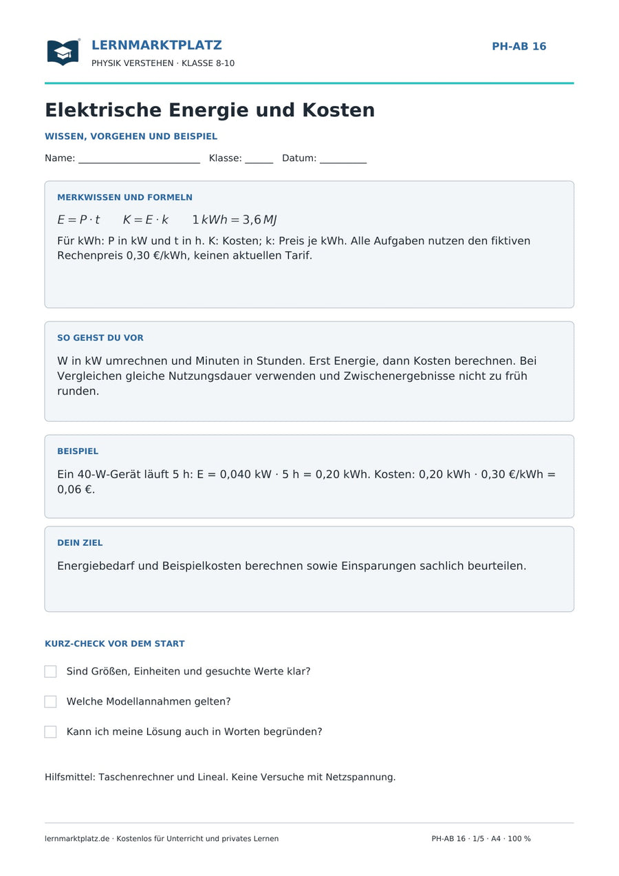 Elektrische Energie und Kosten - kostenloses Arbeitsblatt mit Lösungen als PDF