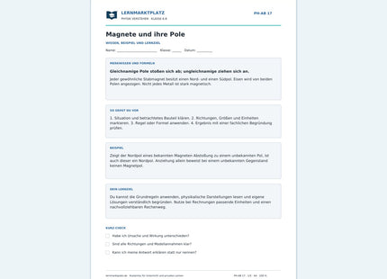 Magnete und ihre Pole - kostenloses Arbeitsblatt mit Lösungen als PDF