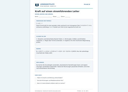 Kraft auf einen stromführenden Leiter - kostenloses Arbeitsblatt mit Lösungen als PDF