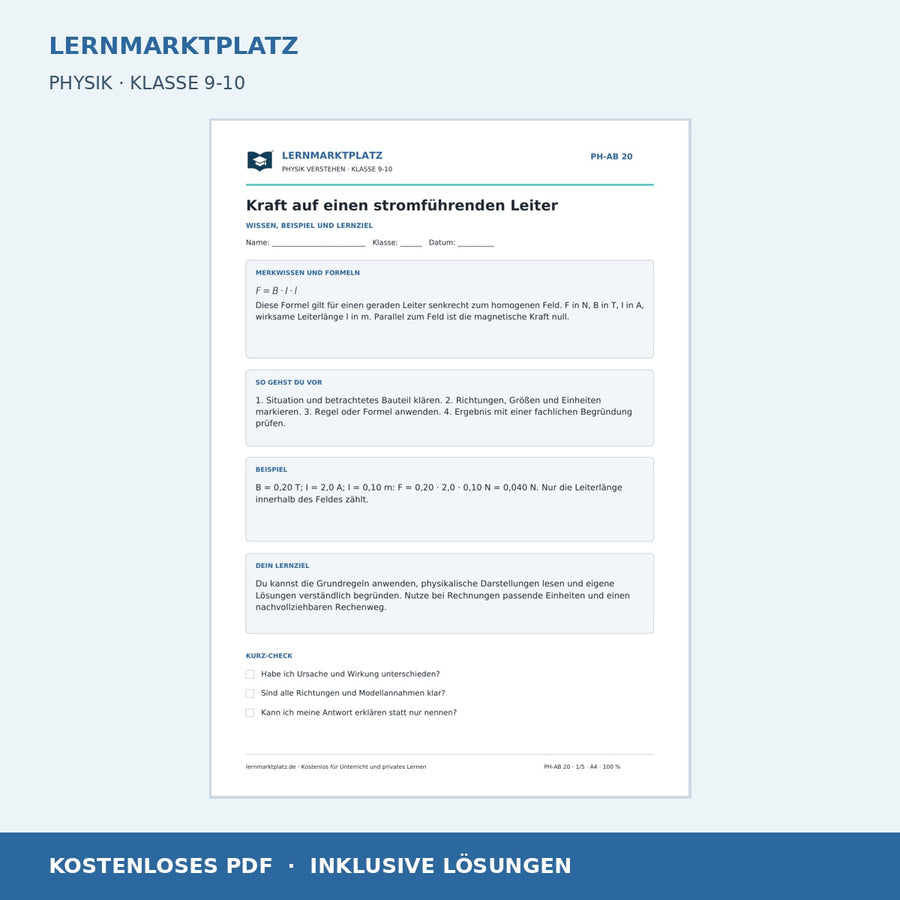Kraft auf einen stromführenden Leiter - kostenloses Arbeitsblatt mit Lösungen als PDF