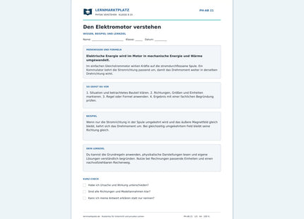 Den Elektromotor verstehen - kostenloses Arbeitsblatt mit Lösungen als PDF
