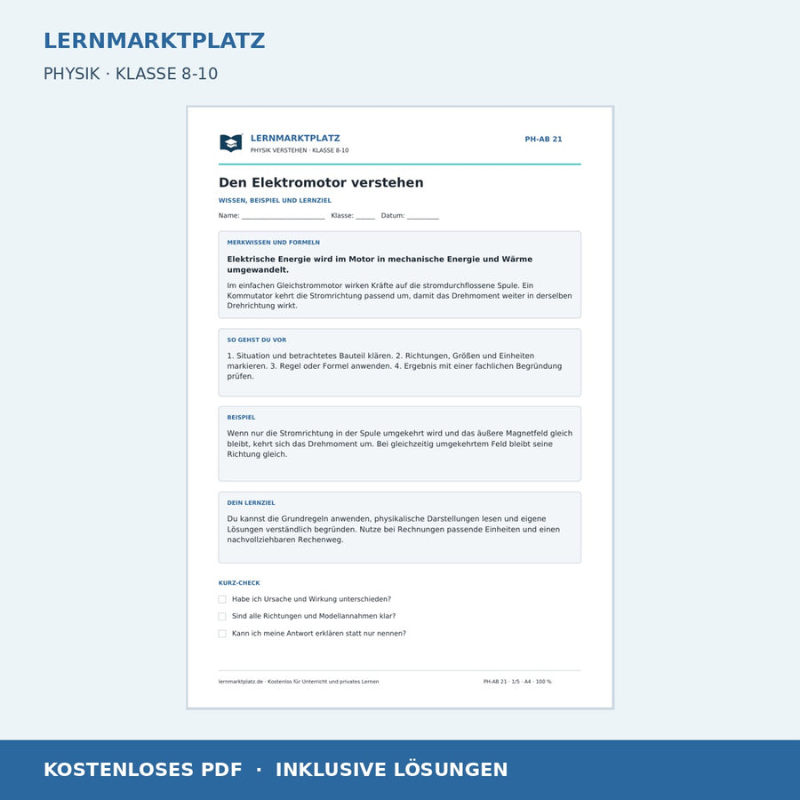 Den Elektromotor verstehen - kostenloses Arbeitsblatt mit Lösungen als PDF