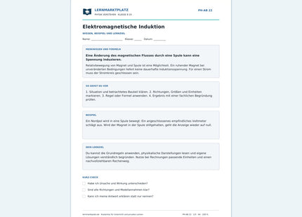 Elektromagnetische Induktion - kostenloses Arbeitsblatt mit Lösungen als PDF