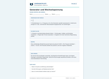 Generator und Wechselspannung - kostenloses Arbeitsblatt mit Lösungen als PDF