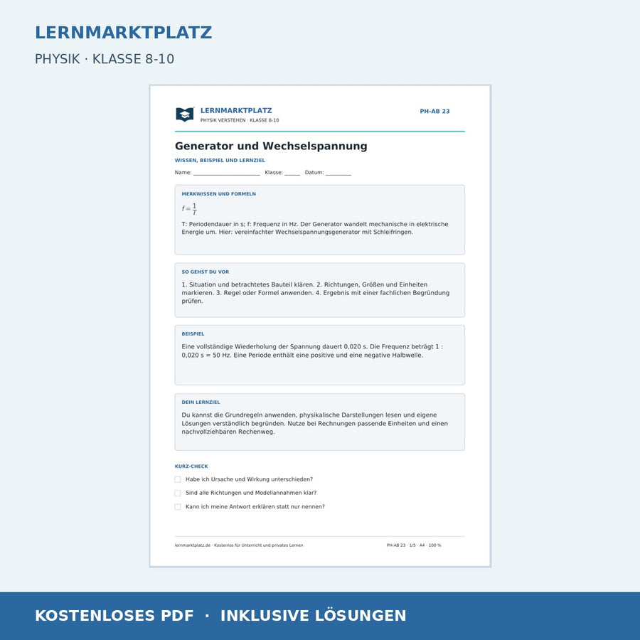 Generator und Wechselspannung - kostenloses Arbeitsblatt mit Lösungen als PDF