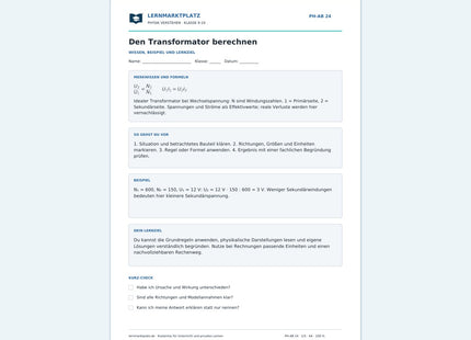 Den Transformator berechnen - kostenloses Arbeitsblatt mit Lösungen als PDF