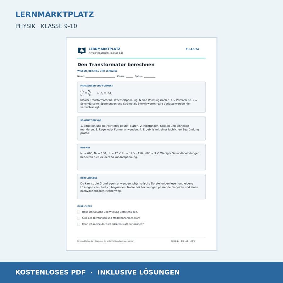 Den Transformator berechnen - kostenloses Arbeitsblatt mit Lösungen als PDF