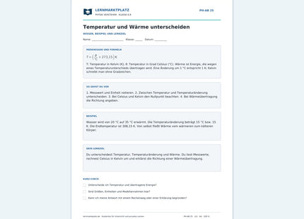 Temperatur und Wärme unterscheiden - kostenloses Arbeitsblatt mit Lösungen als PDF