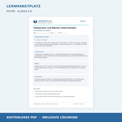 Temperatur und Wärme unterscheiden - kostenloses Physik-Arbeitsblatt mit Lösungen (PDF)