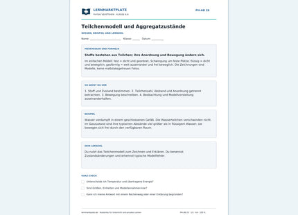 Teilchenmodell und Aggregatzustände - kostenloses Arbeitsblatt mit Lösungen als PDF