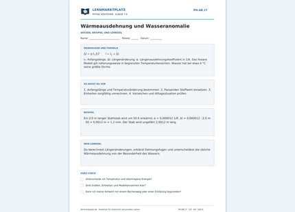 Wärmeausdehnung und Wasseranomalie - kostenloses Arbeitsblatt mit Lösungen als PDF