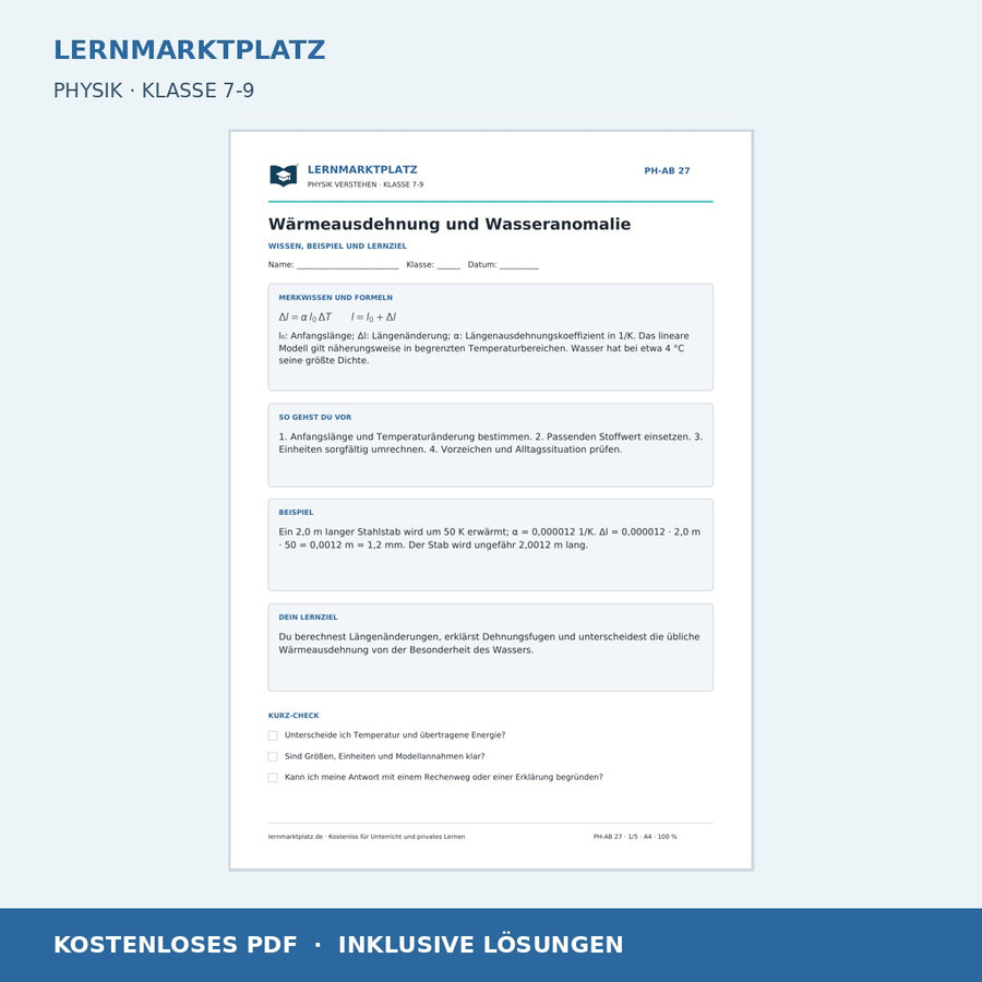 Wärmeausdehnung und Wasseranomalie - kostenloses Arbeitsblatt mit Lösungen als PDF
