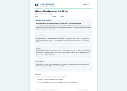 Wärmeübertragung im Alltag - kostenloses Arbeitsblatt mit Lösungen als PDF