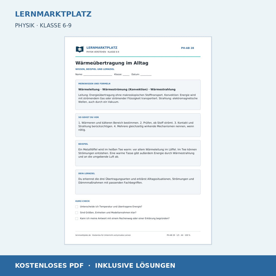 Wärmeübertragung im Alltag - kostenloses Arbeitsblatt mit Lösungen als PDF