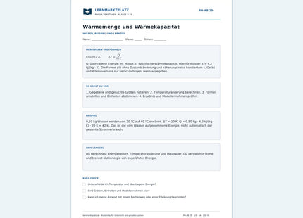 Wärmemenge und Wärmekapazität - kostenloses Arbeitsblatt mit Lösungen als PDF