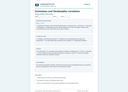 Schmelzen und Verdampfen verstehen - kostenloses Arbeitsblatt mit Lösungen als PDF