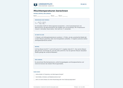 Mischtemperaturen berechnen - kostenloses Arbeitsblatt mit Lösungen als PDF