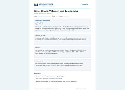 Gase: Druck, Volumen und Temperatur - kostenloses Arbeitsblatt mit Lösungen als PDF