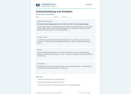 Lichtausbreitung und Schatten - kostenloses Arbeitsblatt mit Lösungen als PDF