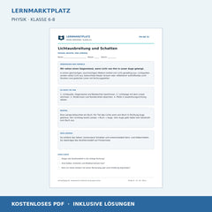 Lichtausbreitung und Schatten - kostenloses Physik-Arbeitsblatt mit Lösungen (PDF)