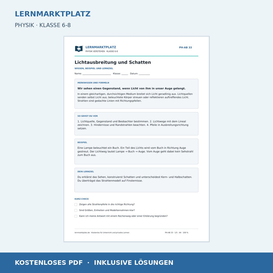 Lichtausbreitung und Schatten - kostenloses Arbeitsblatt mit Lösungen als PDF