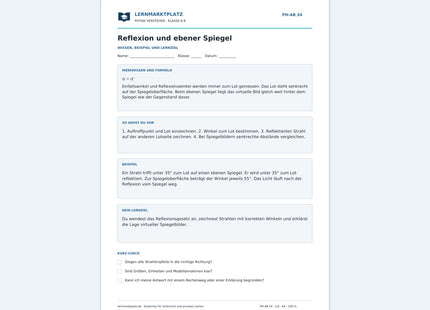 Reflexion und ebener Spiegel - kostenloses Arbeitsblatt mit Lösungen als PDF