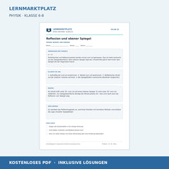 Reflexion und ebener Spiegel - kostenloses Physik-Arbeitsblatt mit Lösungen (PDF)